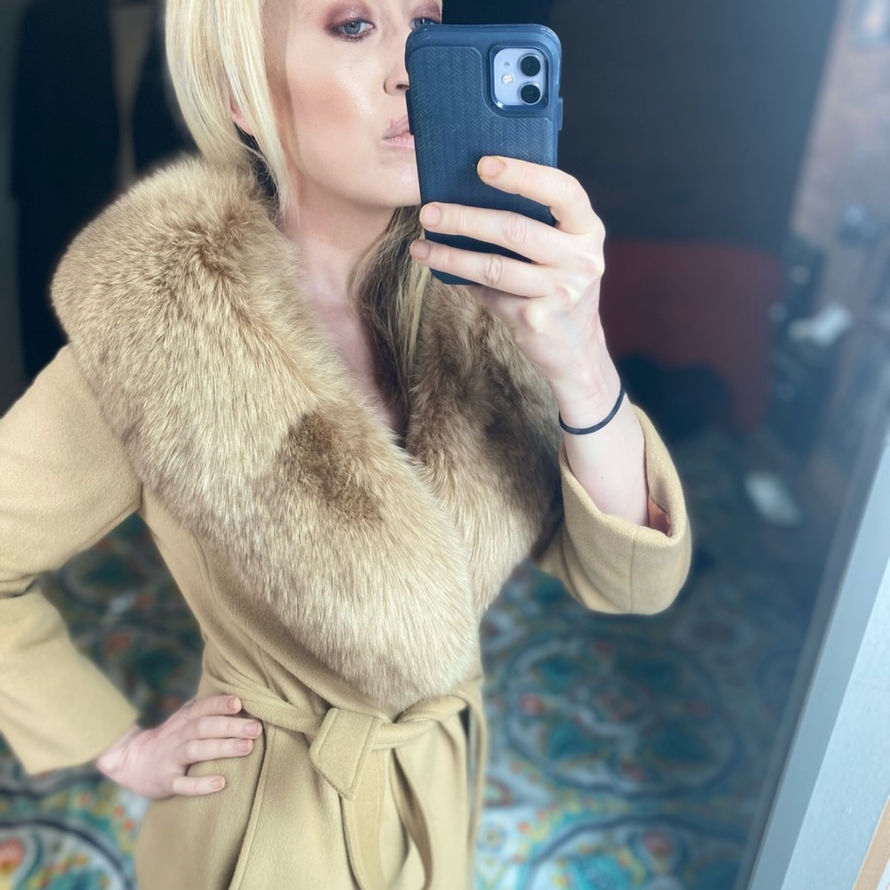 30% OFF BUNDLES! REAL FUR 100% CASHMERE TRENCHCOAT JACKET DUSTER COAT VINTAGE - Picture 6 of 16